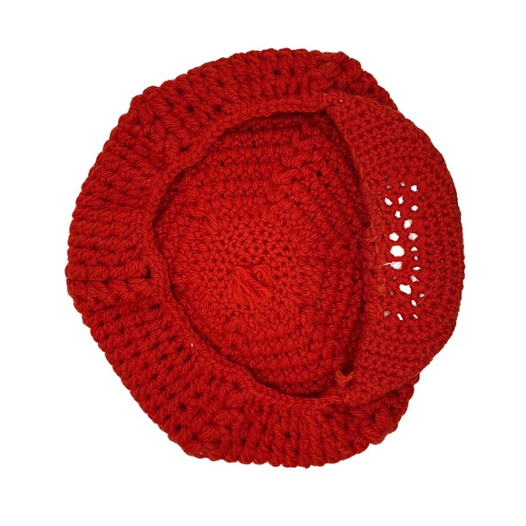 Handmade Deep Orange Crochet Beret Hat with Visor & Pom Pom Retro Puff Cap BX26 - Picture 7 of 7